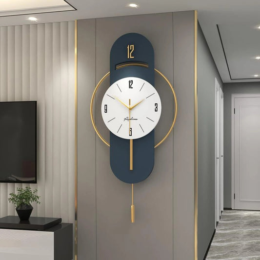 01 Path Appliances Analog 44 cm X 18 cm Wall Clock (Gold, White, Blue, Without Glass, Pendulum)