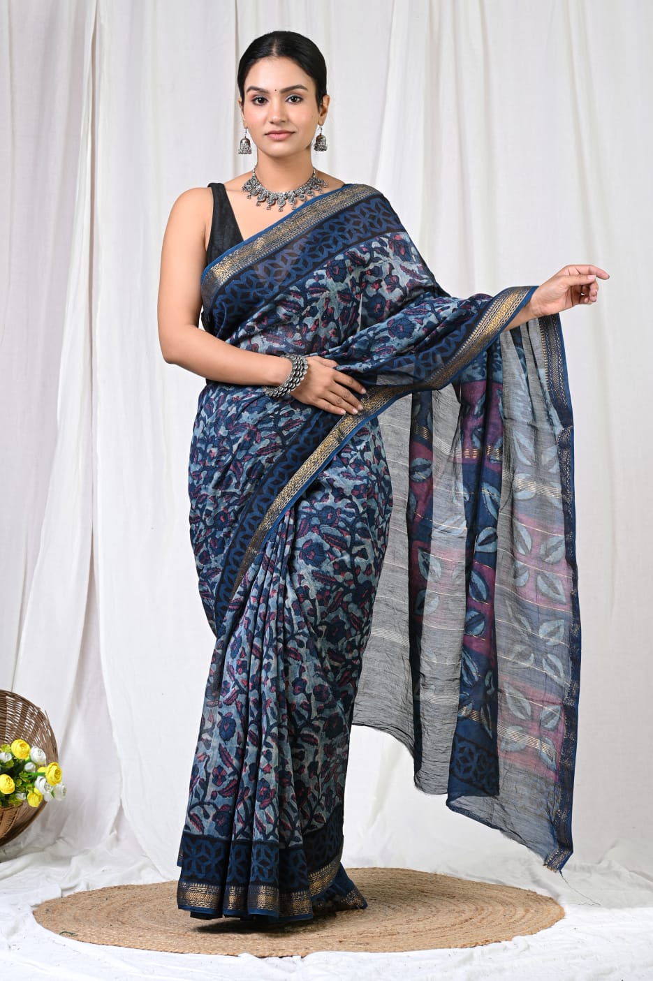 Pure Silk Maheshwari Block-Printed Saree