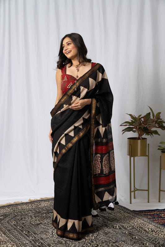 Pure Silk Maheshwari Block-Printed Saree