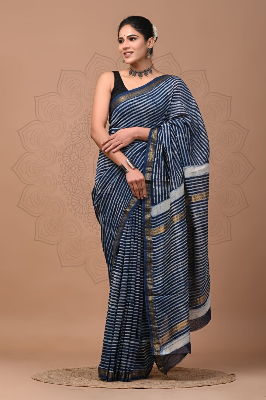 Pure Silk Maheshwari Block-Printed Saree