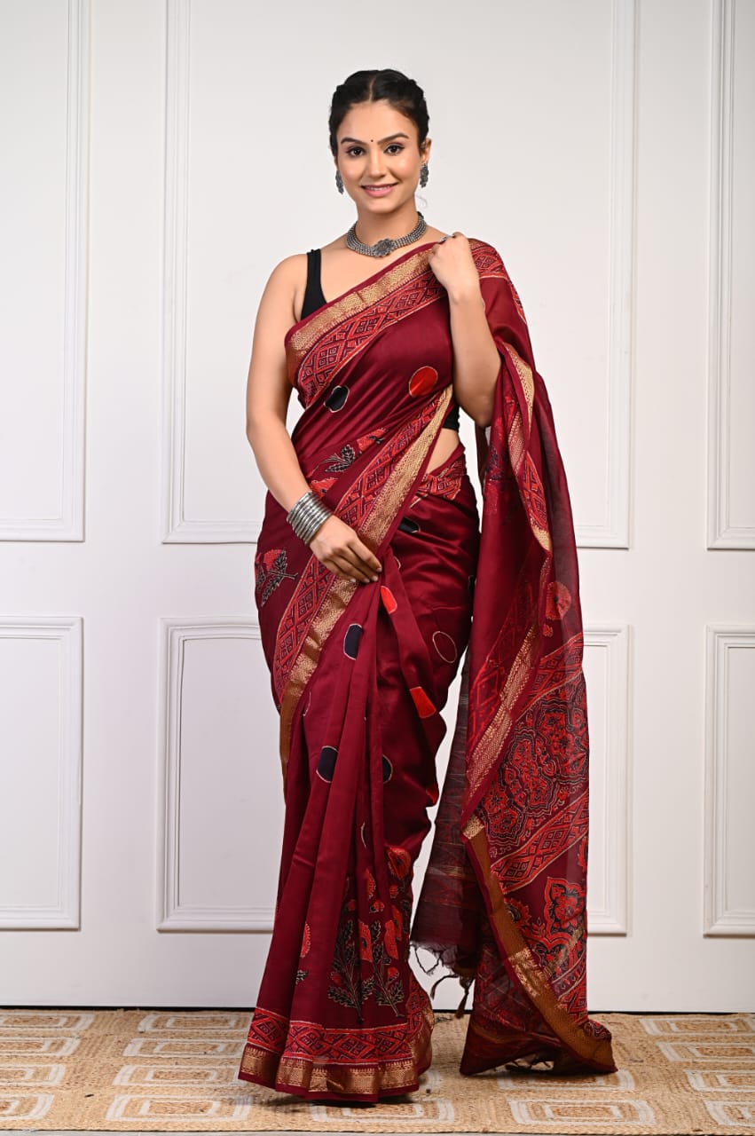 Pure Silk Maheshwari Block-Printed Saree