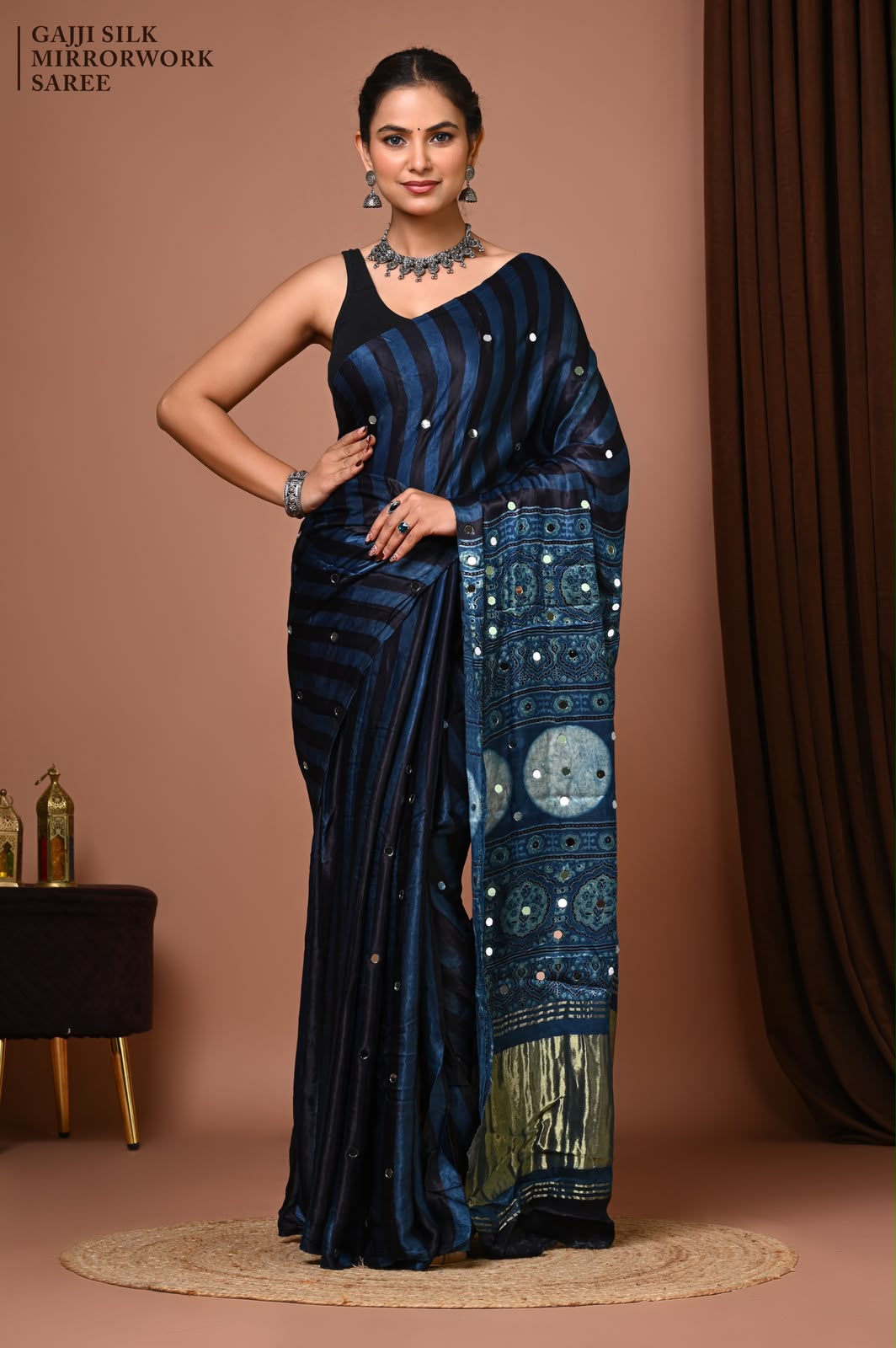 Premium Gajji Silk known for its lustrous sheen, rich texture, and lightweight drape.
