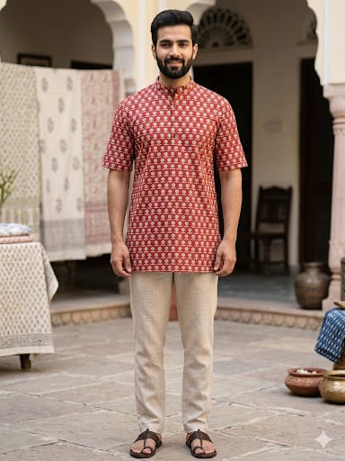 Artisanal Hand-Block Printed Cotton Short Kurta