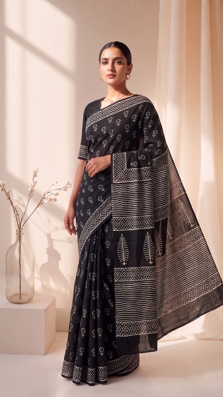 New Arrival: Premium Hand Block Printed Pure Cotton Mulmul Saree with Blouse