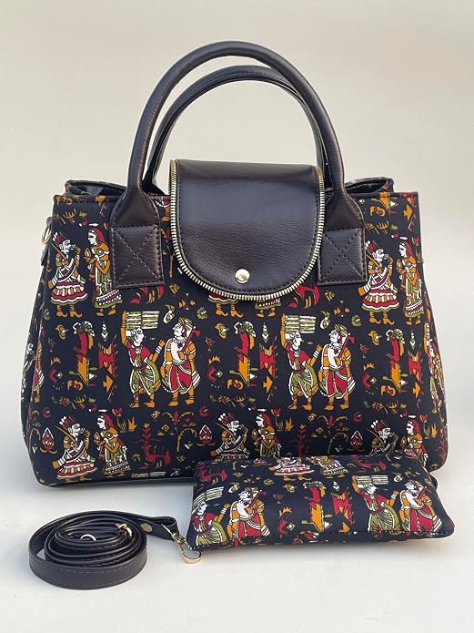 Women's Stylish Premium Cotton Fabric & Pu leather Material Ethnic Pattern Tote Purse with Matching Wallet and Detachable Shoulder Strap