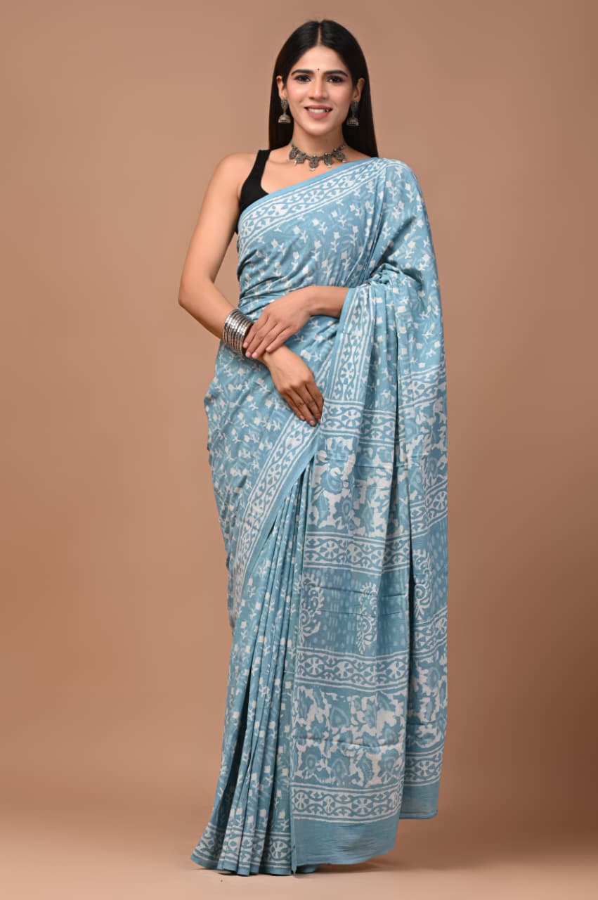 New Arrival: Premium Hand Block Printed Pure Cotton Mulmul Saree with Blouse