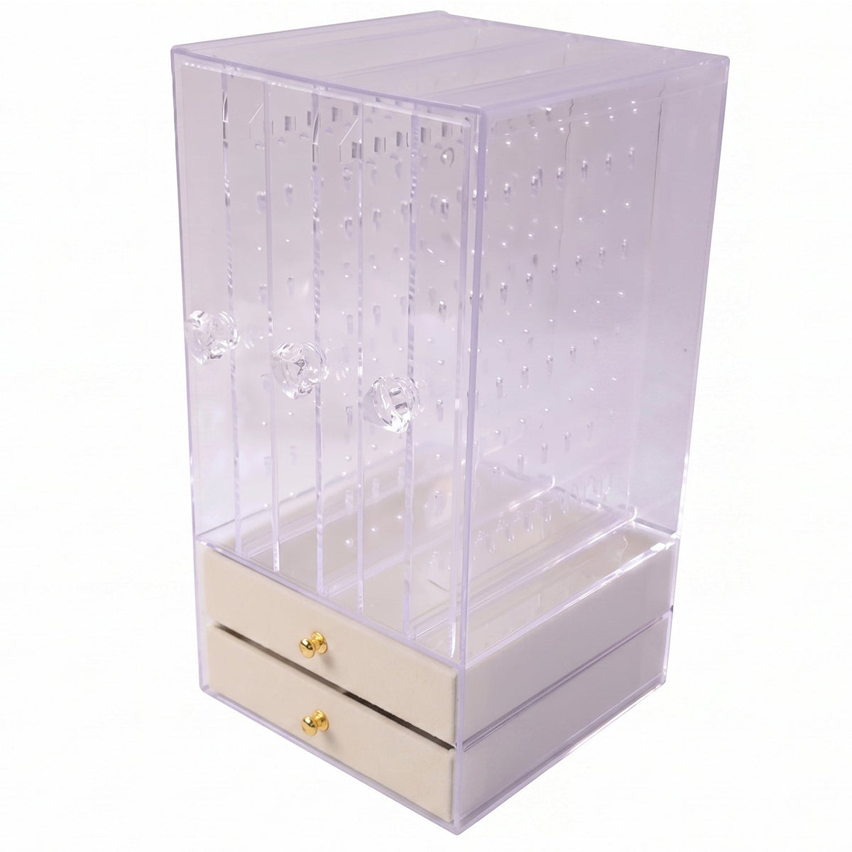 Acrylic Jewelry Organizer Box, 3 Hanging Panels and 2 Drawers for Earrings
