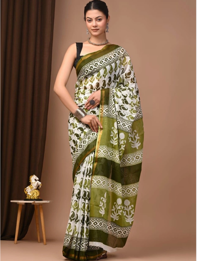 Hand Block Printed Malai Chanderi Cotton Saree with Elegant Zari Border