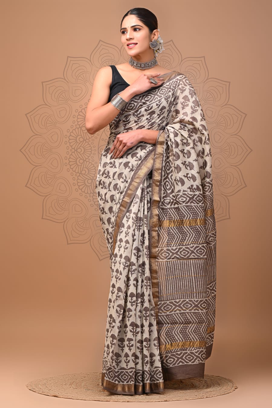 Pure Silk Maheshwari Block-Printed Saree