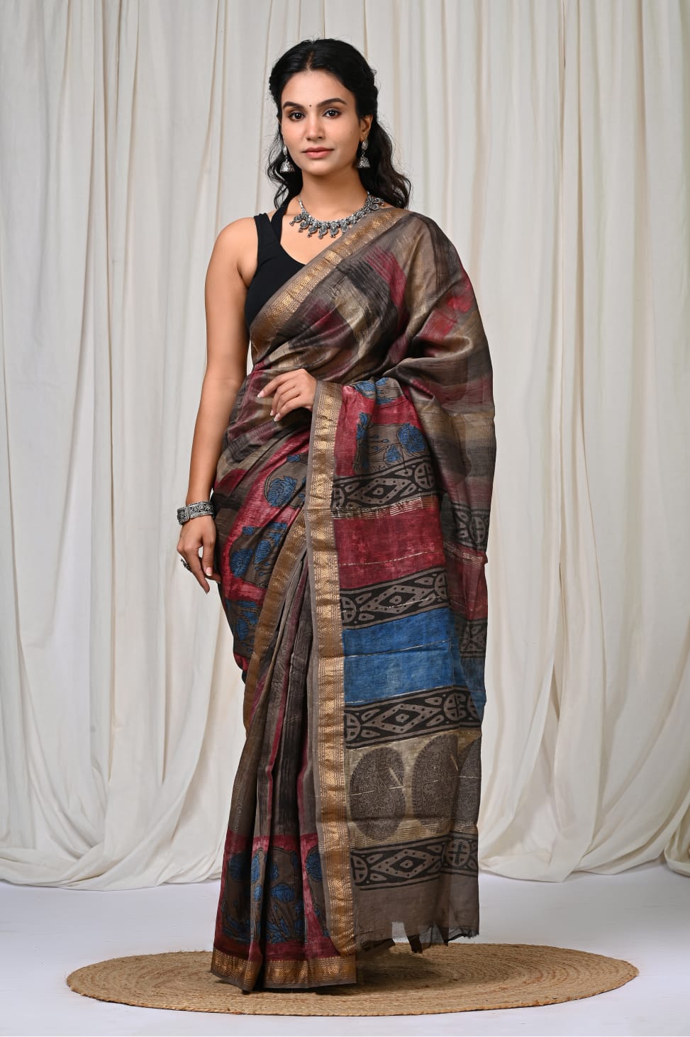 Pure Silk Maheshwari Block-Printed Saree