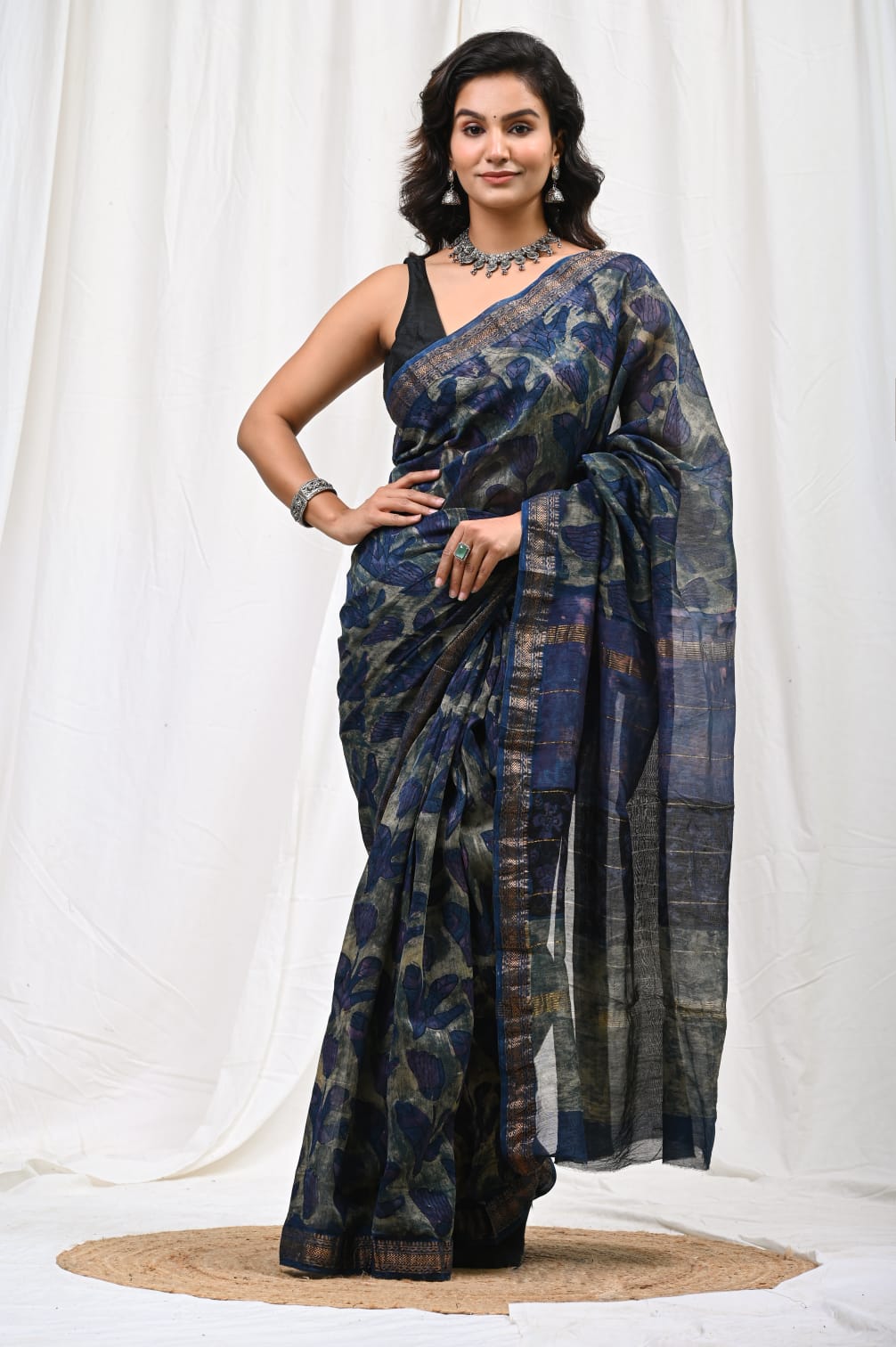 Pure Silk Maheshwari Block-Printed Saree
