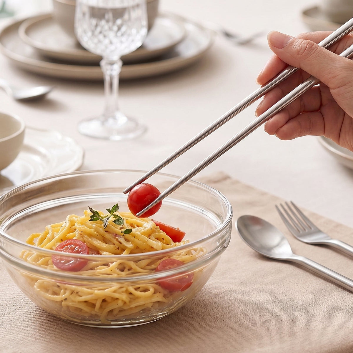 4-in-1 Portable Cutlery Set with Pouch, Steel Spoon Fork and Chopsticks