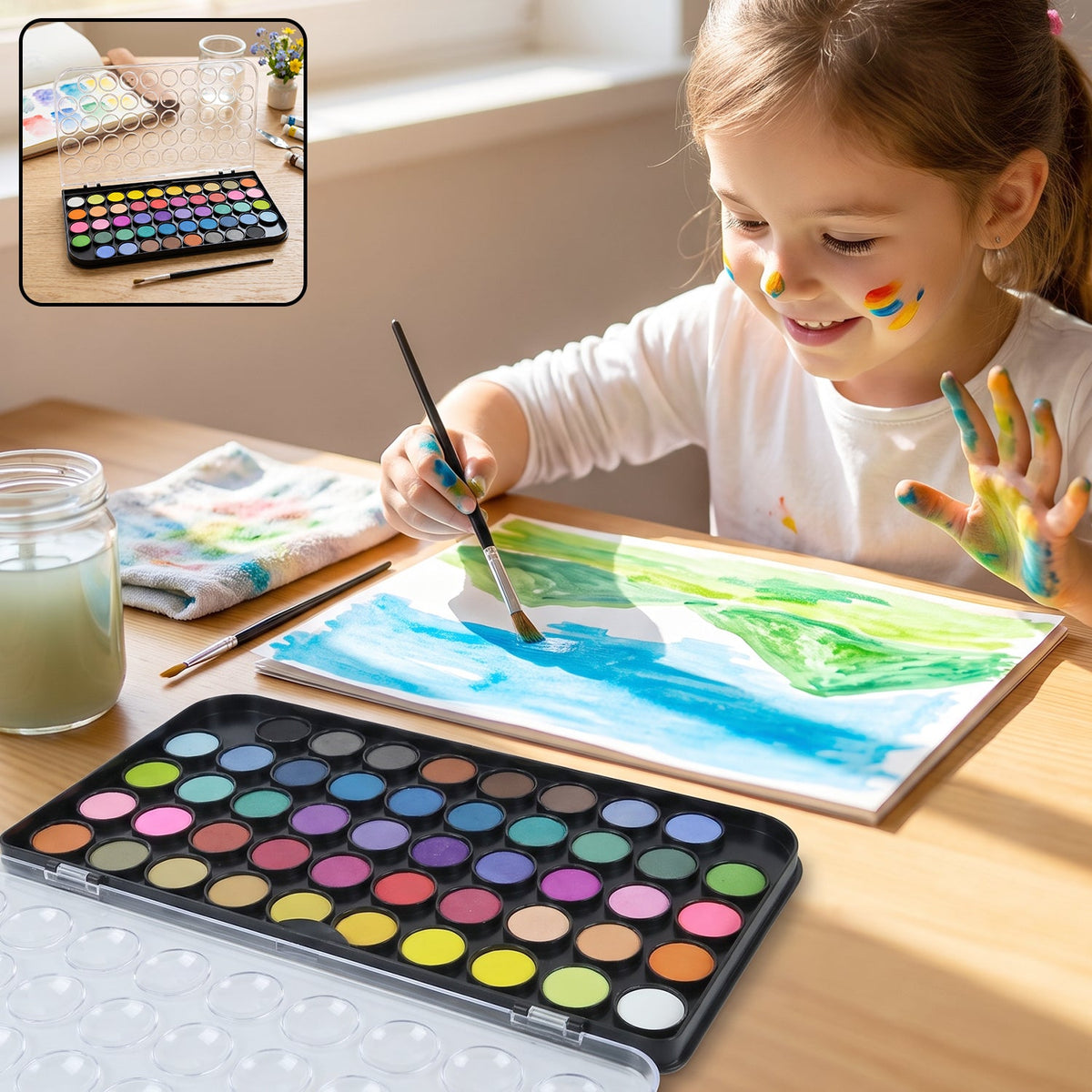 48 Color Solid Watercolor Palette Set with Brush for Art Painting