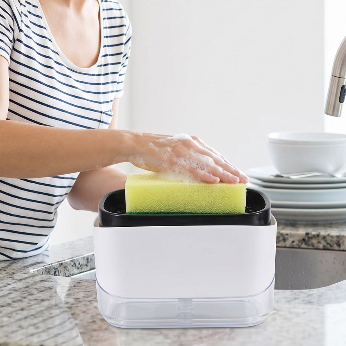 2 In 1 Press Soap Pump Dispenser with Sponge Holder for Kitchen Sink