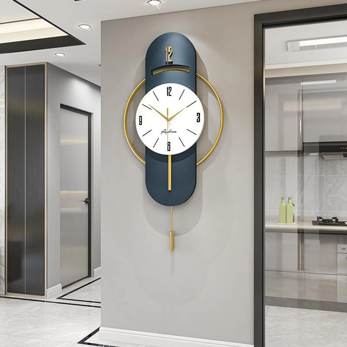 01 Path Appliances Analog 44 cm X 18 cm Wall Clock (Gold, White, Blue, Without Glass, Pendulum)