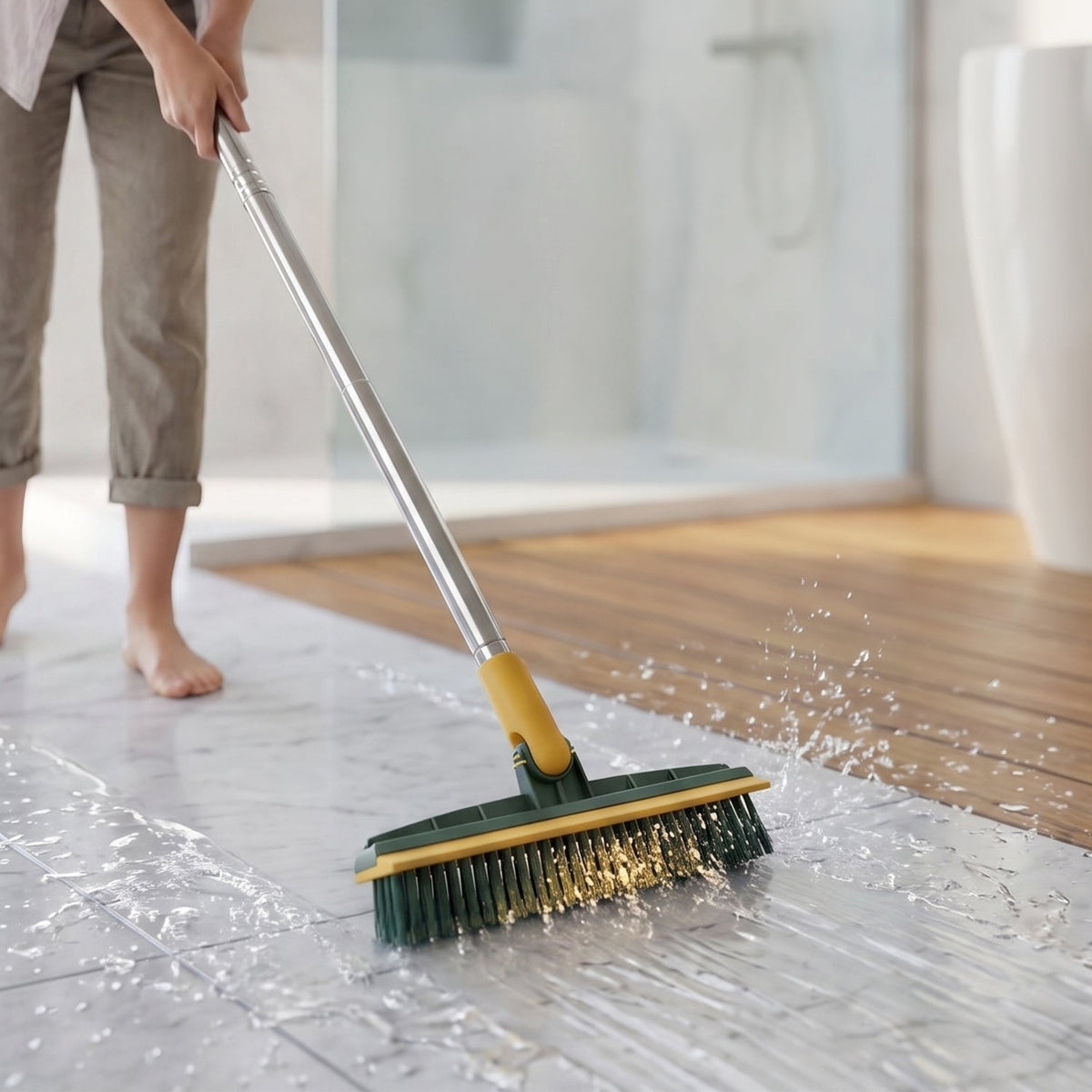 2 In 1 Long Handle Floor Scrubbing Brush with Wiper for Bathroom