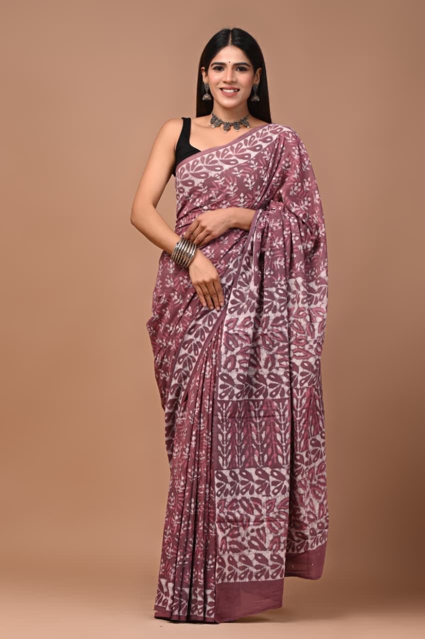 New Arrival: Premium Hand Block Printed Pure Cotton Mulmul Saree with Blouse
