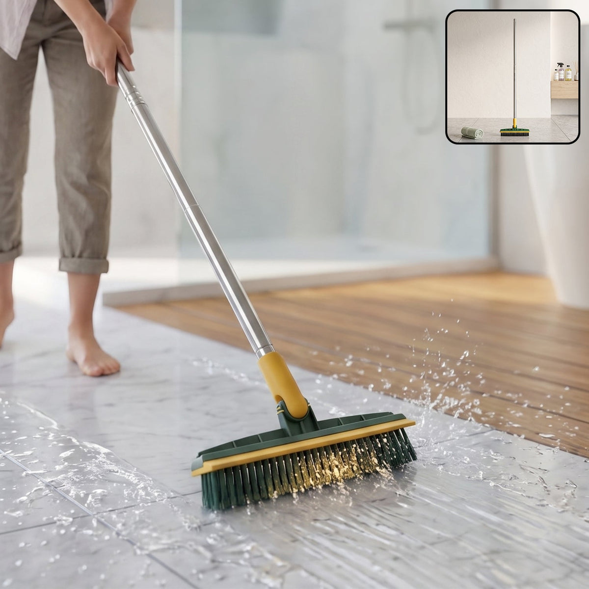 2 In 1 Long Handle Floor Scrubbing Brush with Wiper for Bathroom