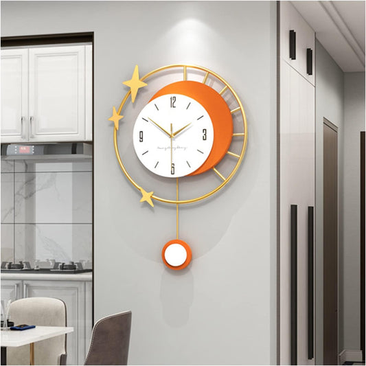 Star Moon Shaped Pendulum Wall Clock for Living Room Decor, Silent Non Ticking Modern Quartz Wall Clock for Bedroom Office Kitchen Indoor