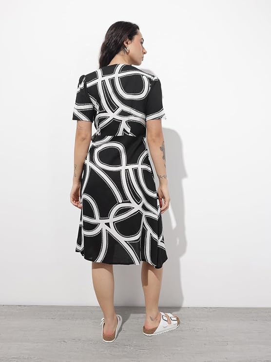 01. Divena Black Lepal Neck Abstract Print Rayon Midi Dres