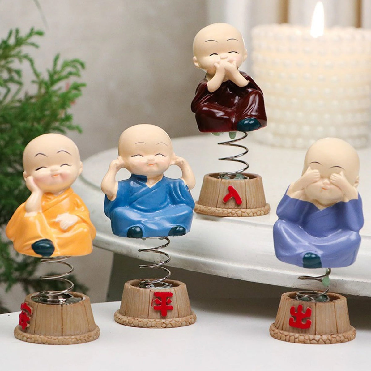 Baby Monk Buddha Bobblehead Figurine Set for Car Dashboard and Home Decor