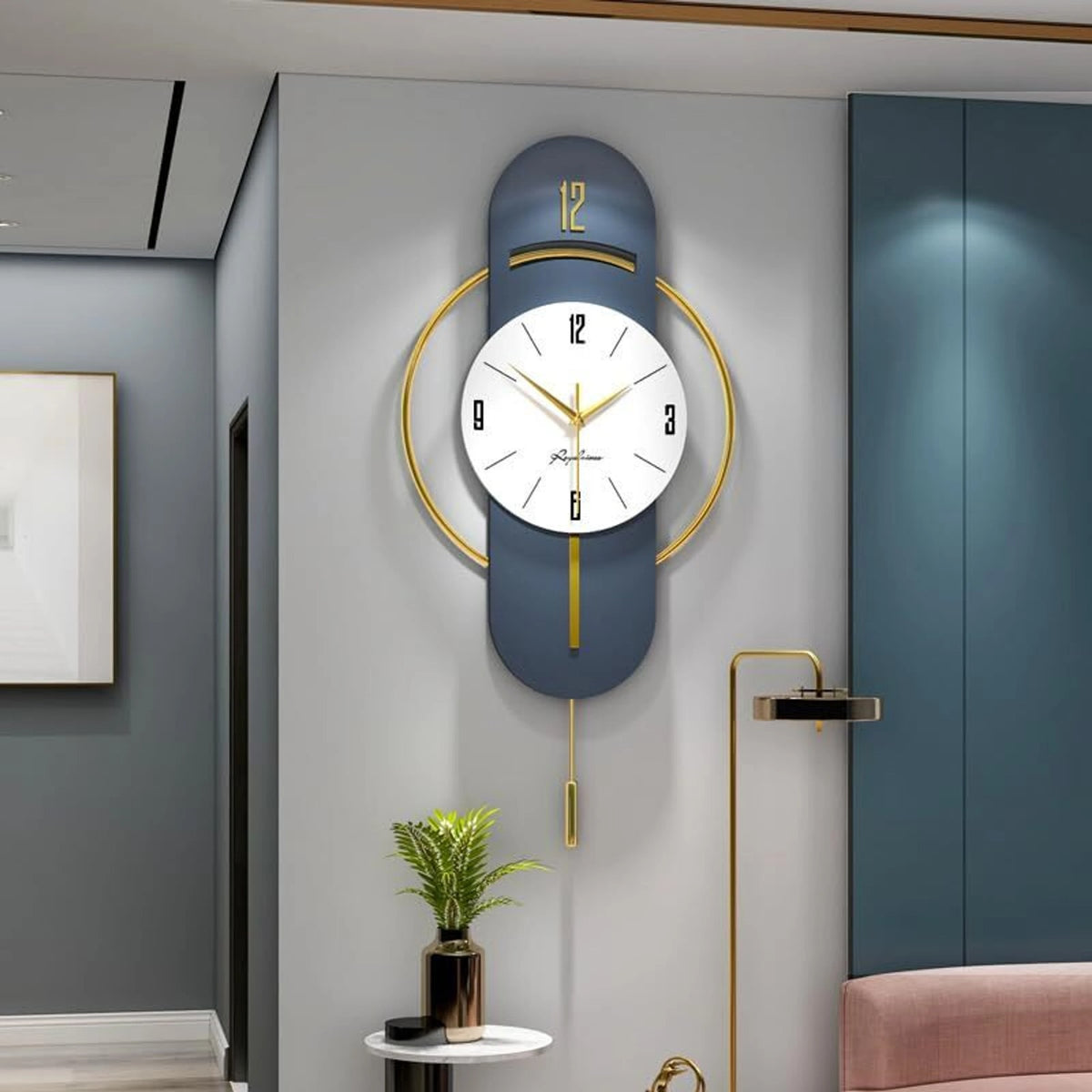 01 Path Appliances Analog 44 cm X 18 cm Wall Clock (Gold, White, Blue, Without Glass, Pendulum)