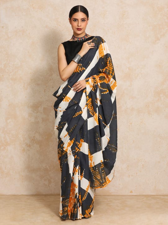 Authentic Bagru Hand Block Printed Pure Cotton Mulmul Saree with Blouse
