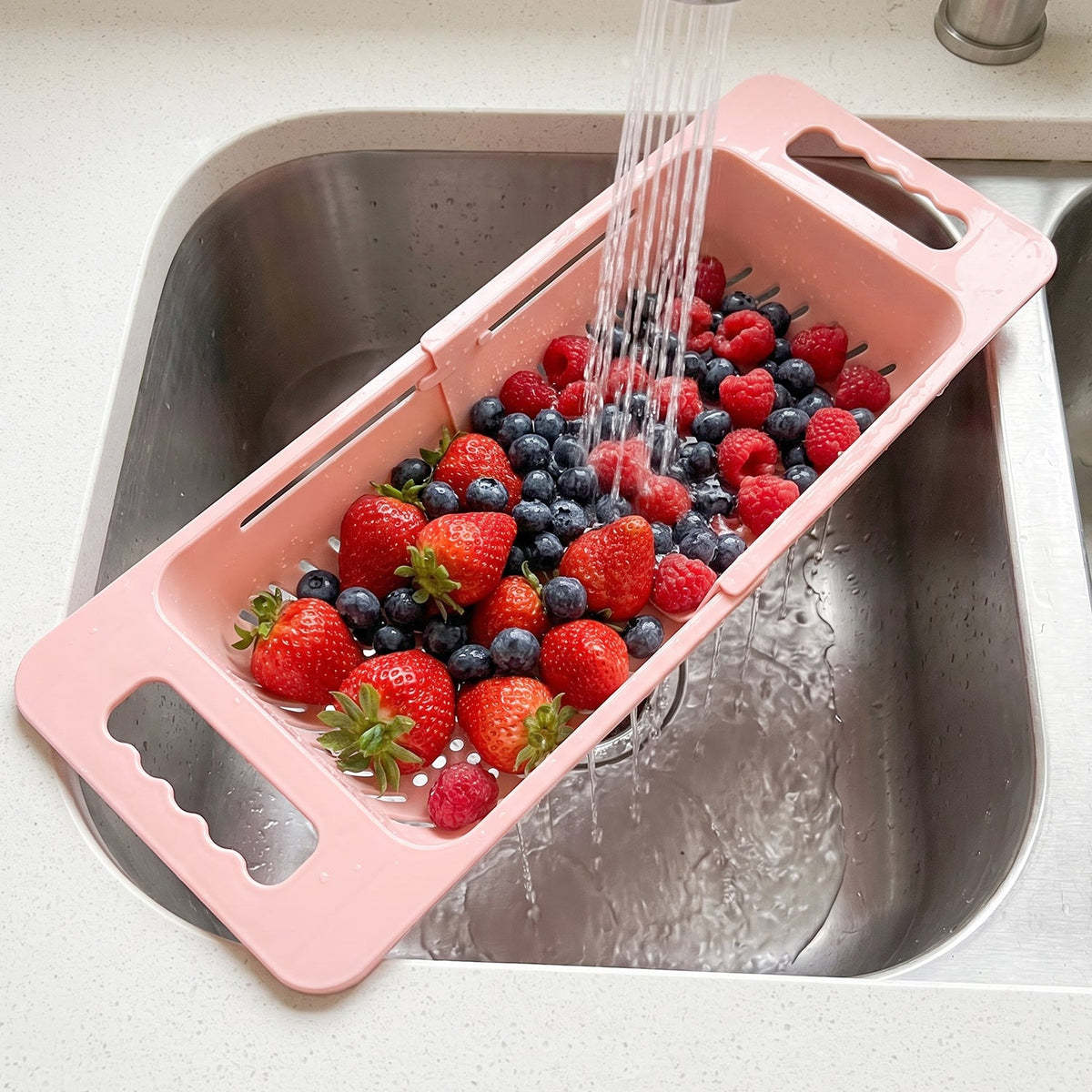 Adjustable Plastic Over the Sink Drain Basket Colander with Handles