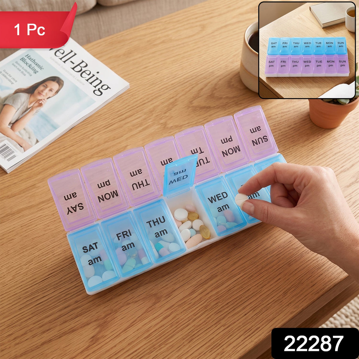 14 Grid AM PM Weekly Pill Box Organizer for Morning and Evening Dose