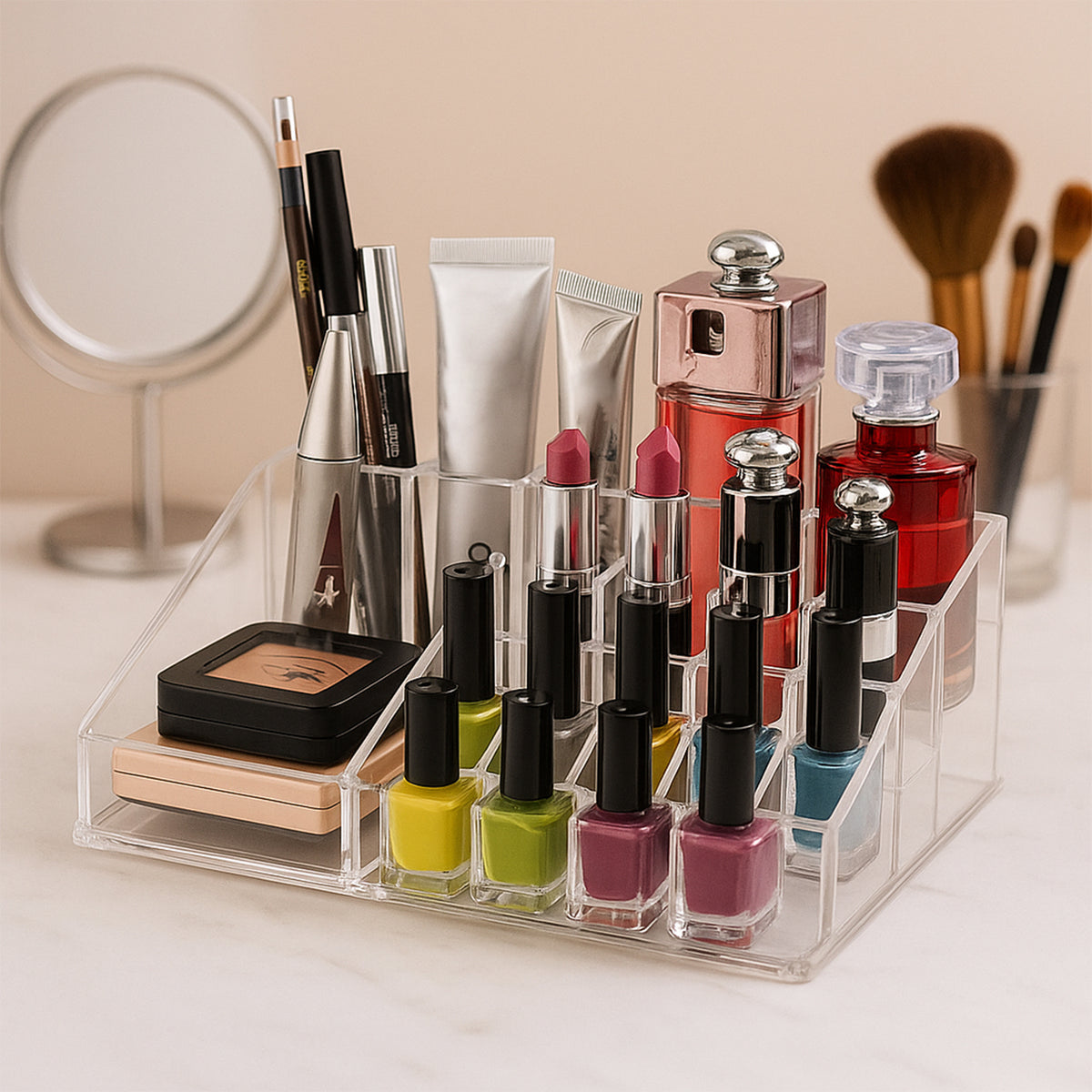 Acrylic Makeup Organizer â 16 Clear Compartments for Cosmetics