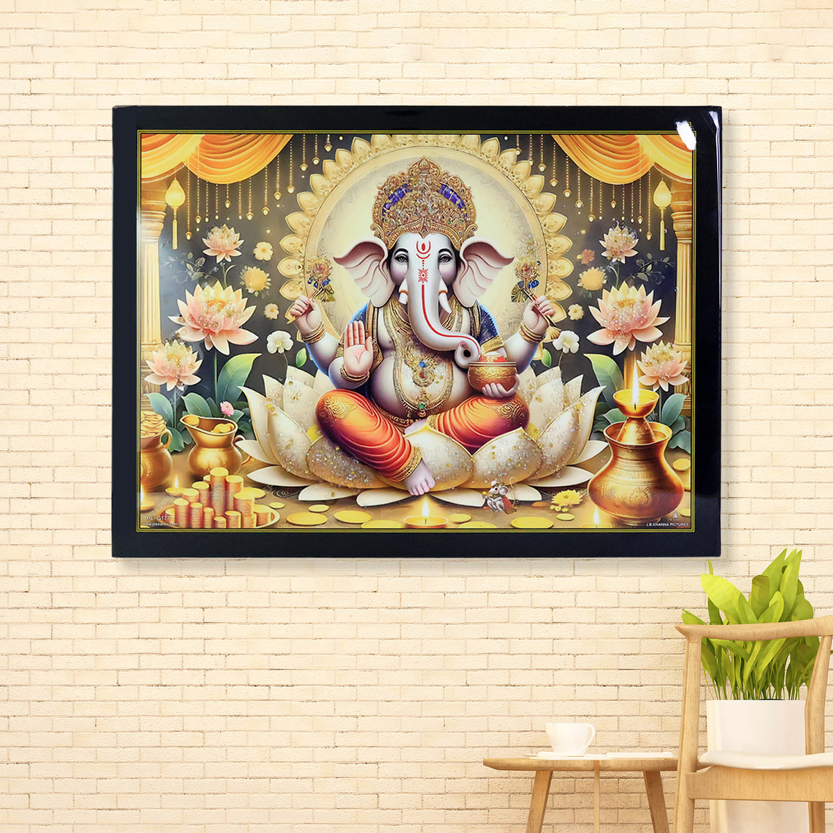 Divine Lord Ganesha Wall Painting With Wooden Frame Mix Design 60x45 Cm Approx (1 Pc)