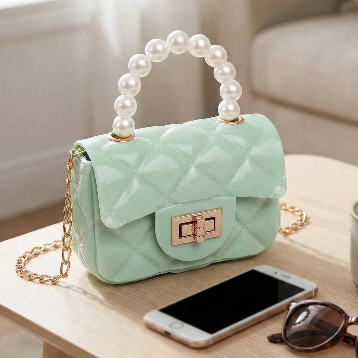 Quilted Mini Handbag â Elegant Pearl Handle & Chain Strap