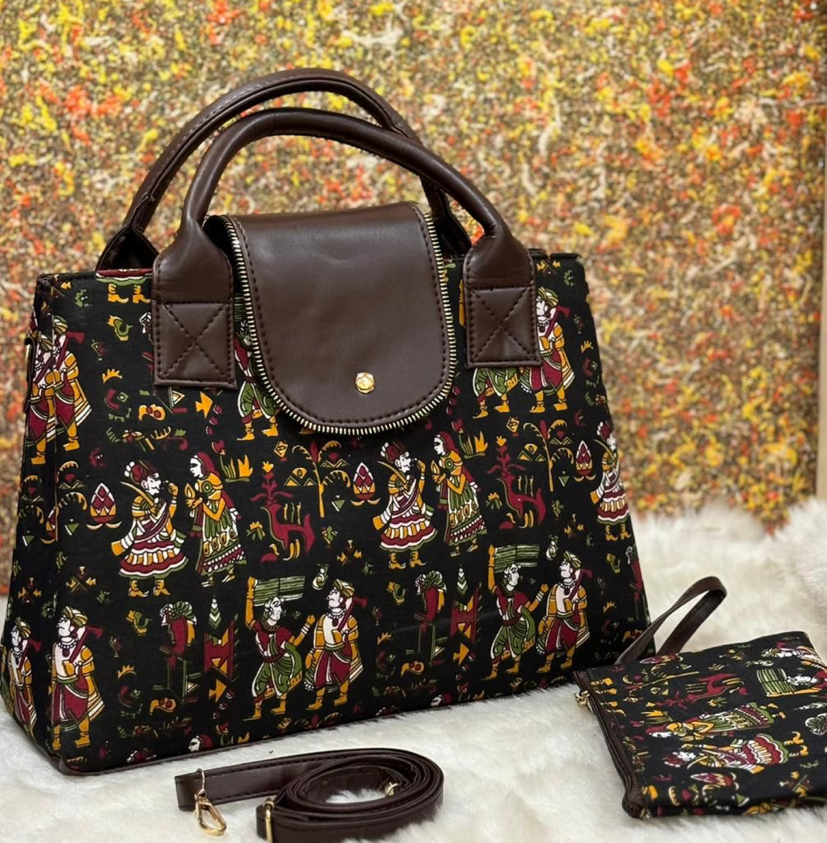 Women's Stylish Premium Cotton Fabric & Pu leather Material Ethnic Pattern Tote Purse with Matching Wallet and Detachable Shoulder Strap