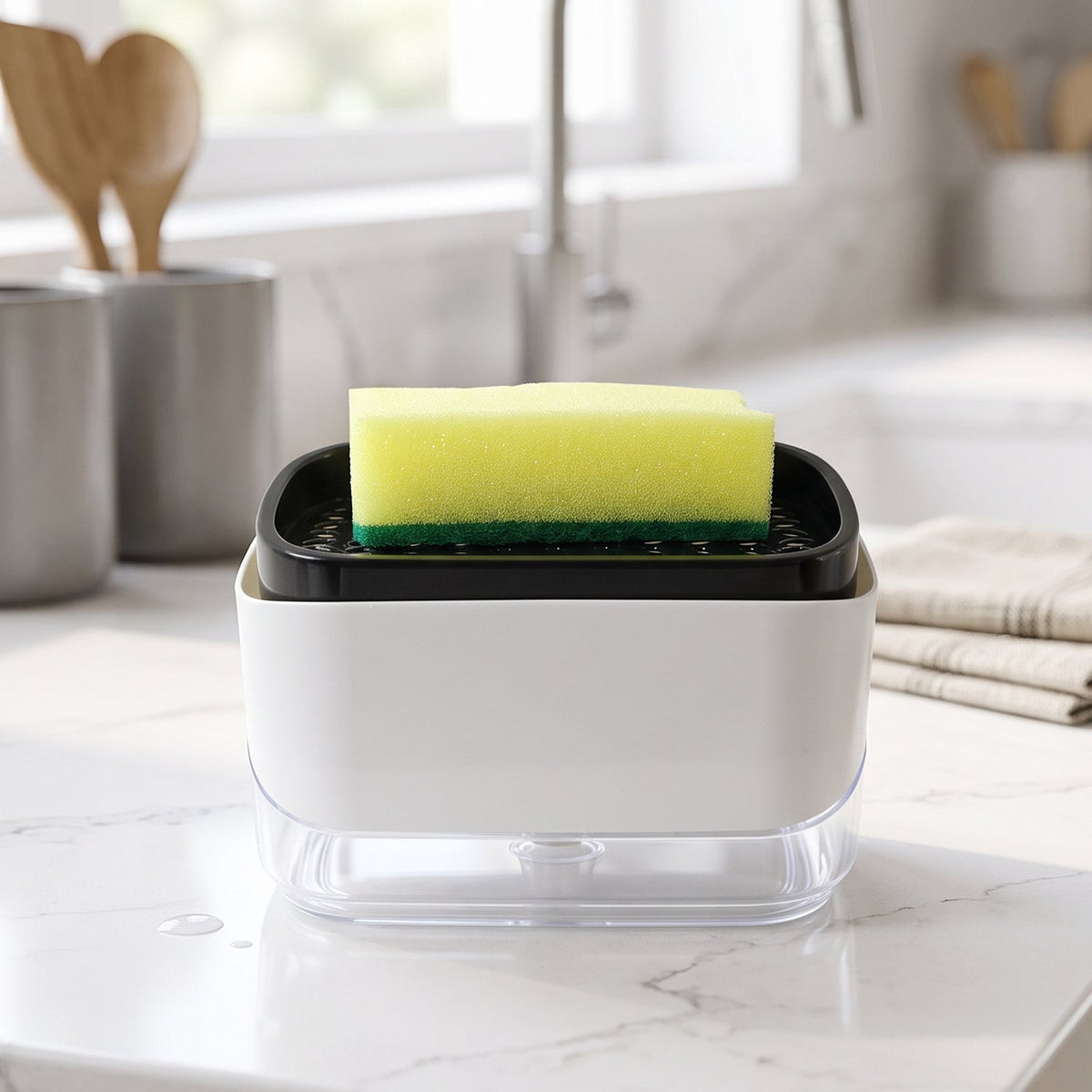 2 In 1 Press Soap Pump Dispenser with Sponge Holder for Kitchen Sink