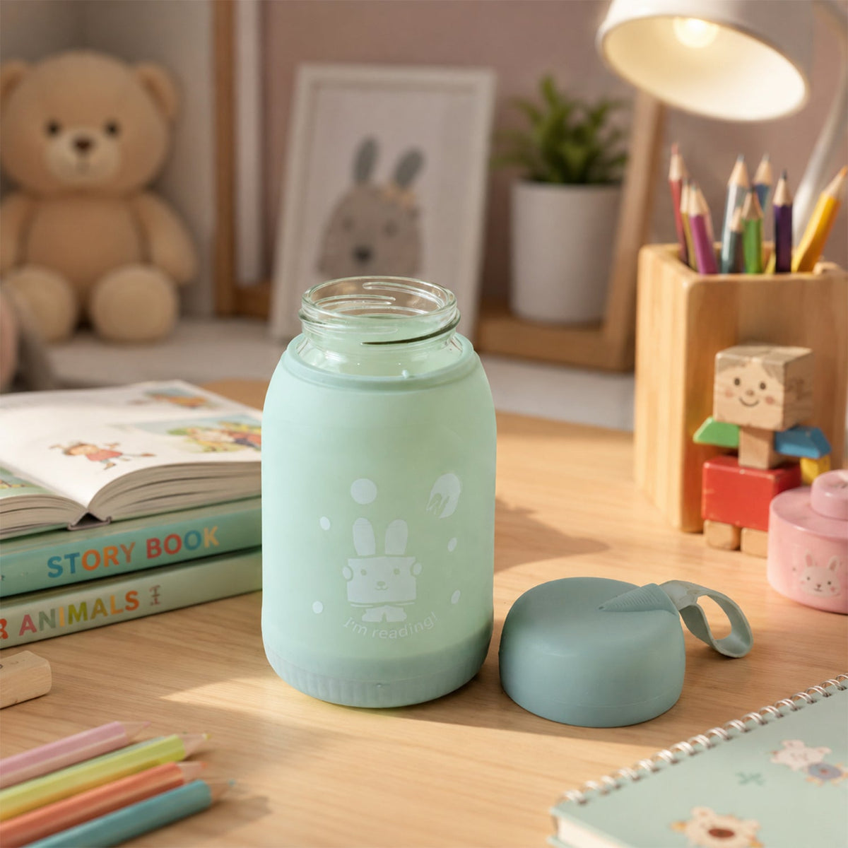 Glass Water Bottle 380ml with Lid