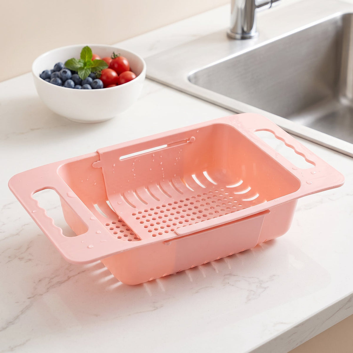 Adjustable Plastic Over the Sink Drain Basket Colander with Handles