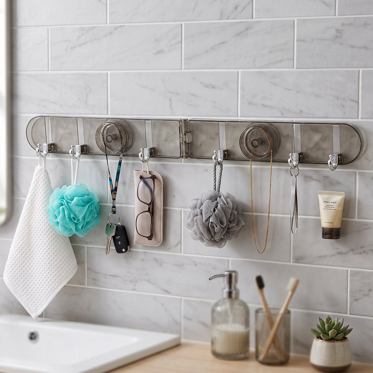 6 Hook Foldable Wall Rack with Suction Cup Mount for Bathroom Kitchen
