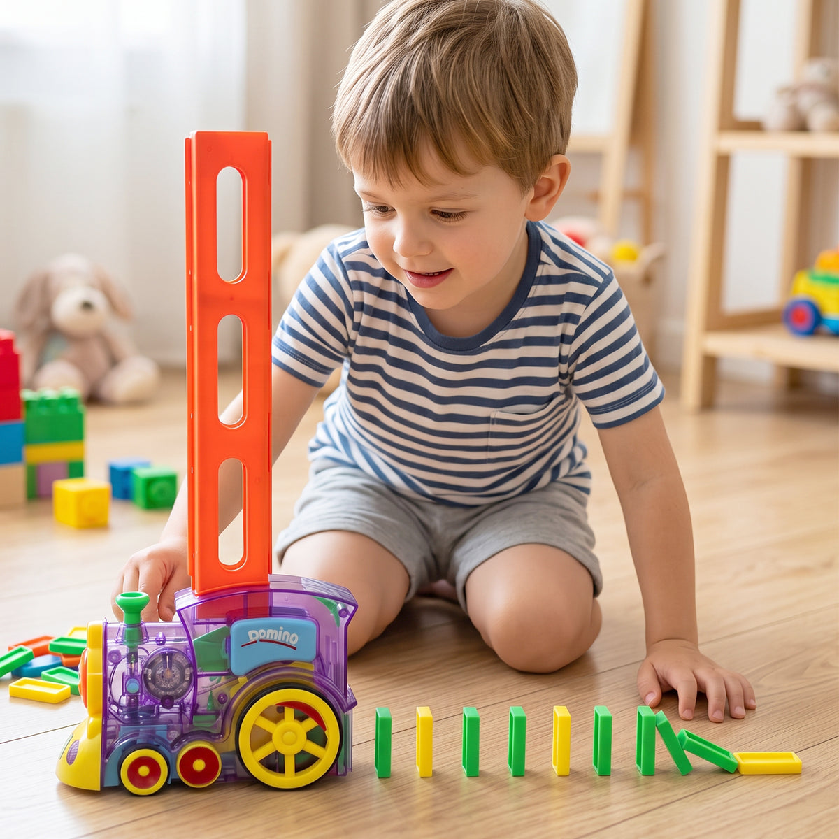 Automatic Domino Laying Train Engine Toy with Light and Music for K...