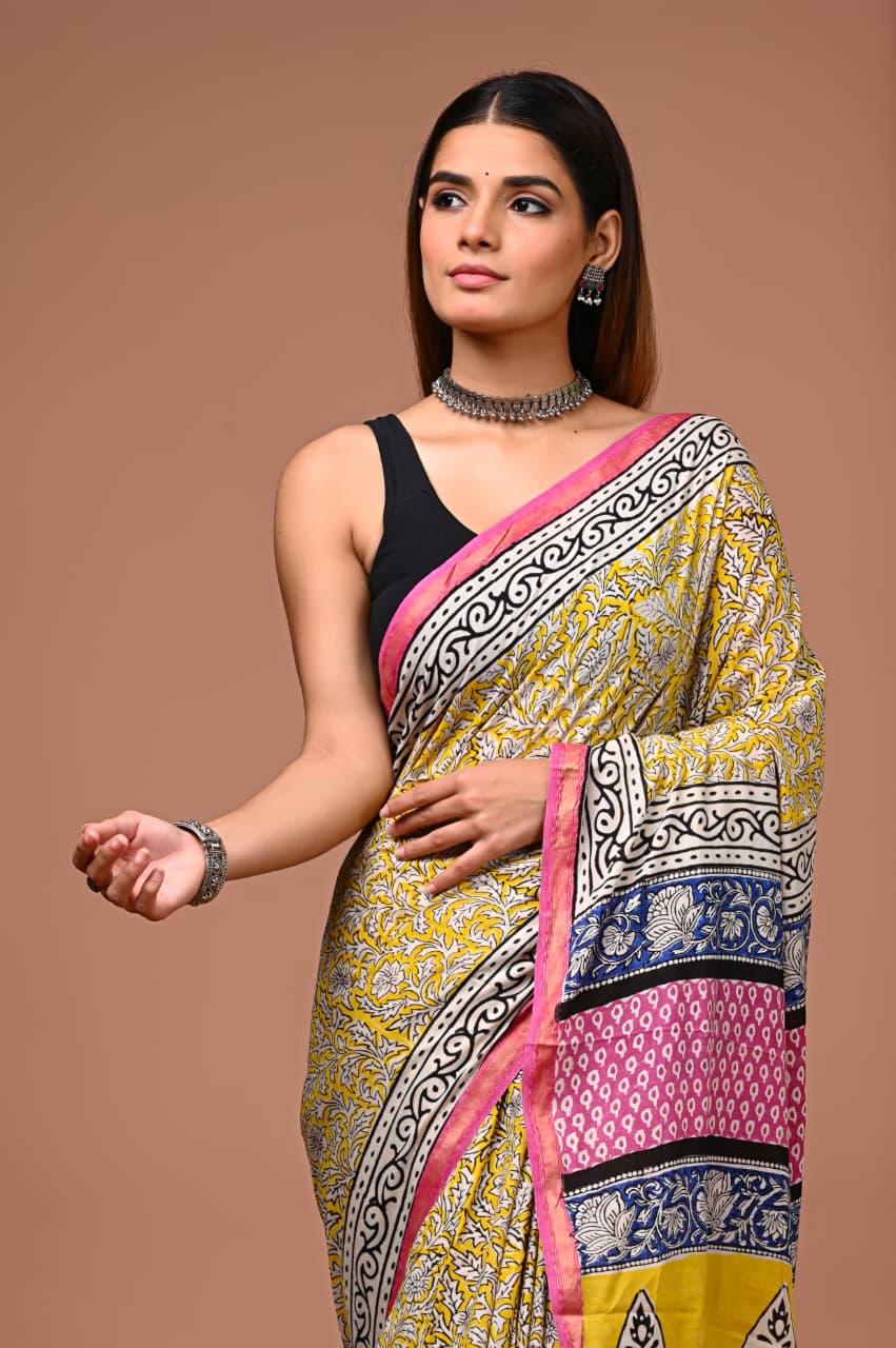 Hand Block Printed Pure Cotton Mulmul Saree with Golden Zari Border