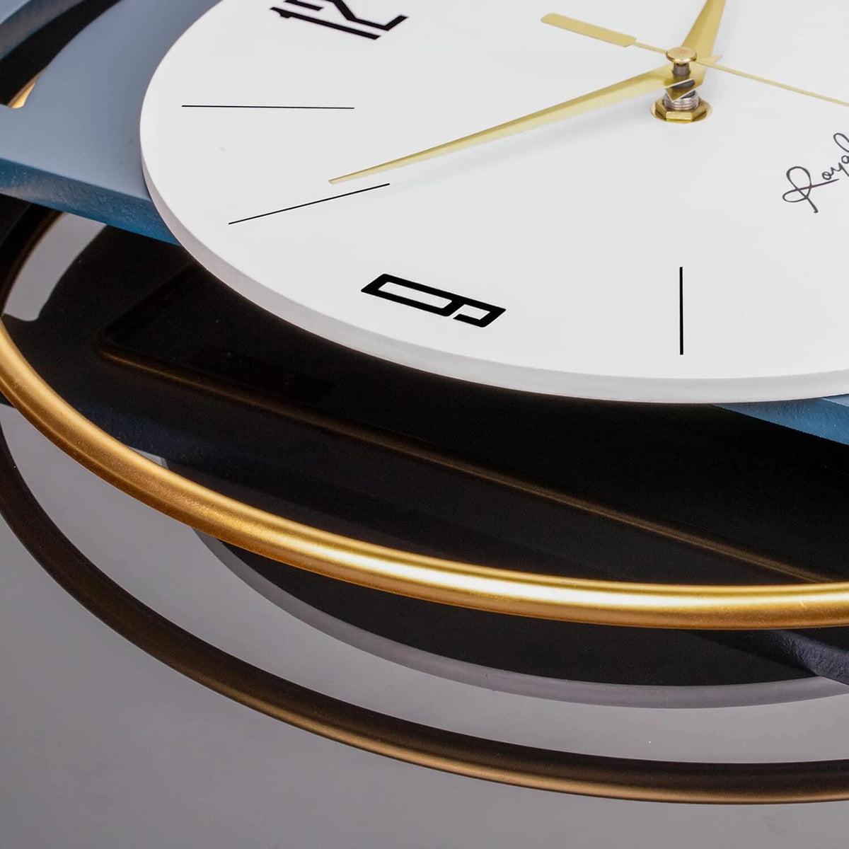 01 Path Appliances Analog 44 cm X 18 cm Wall Clock (Gold, White, Blue, Without Glass, Pendulum)
