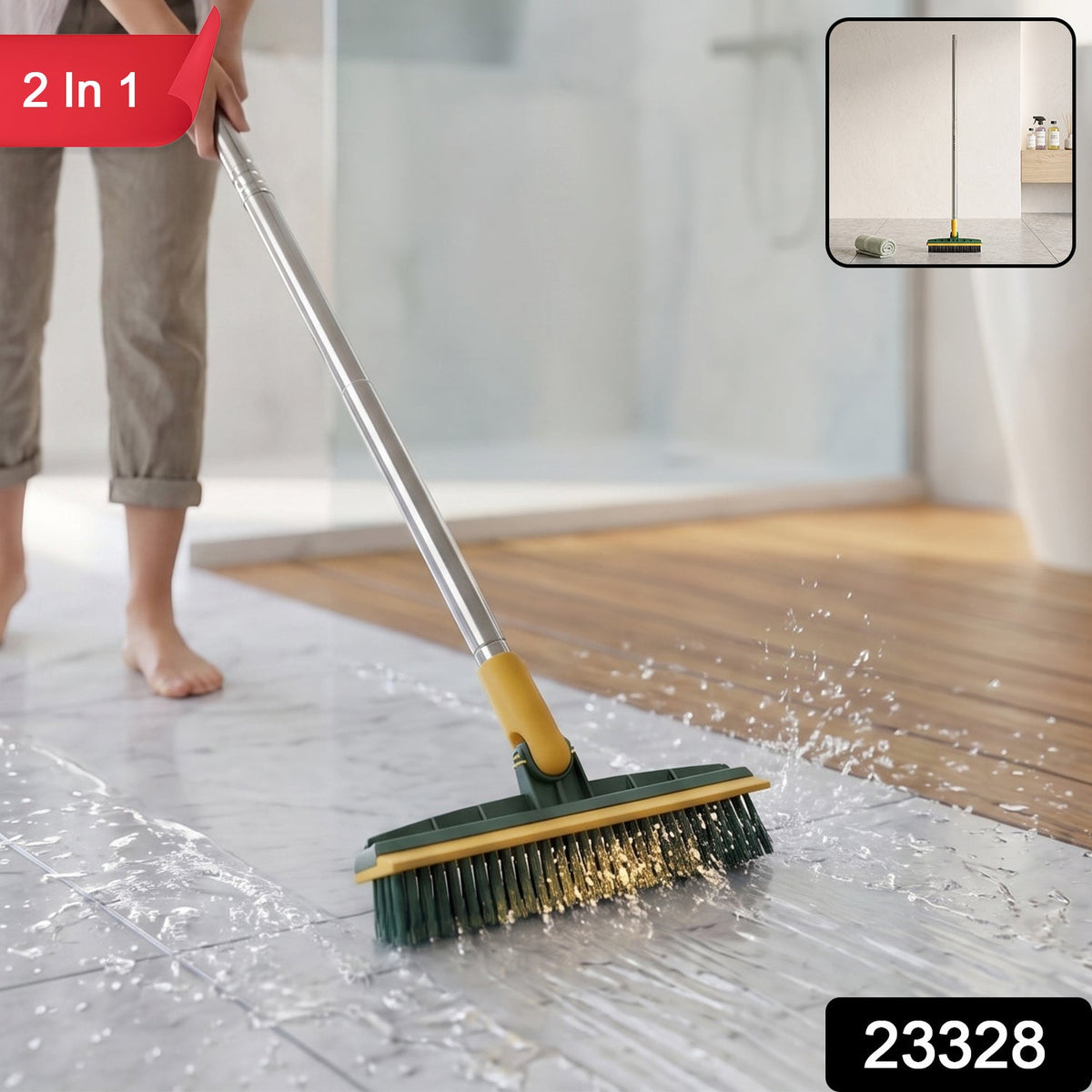 2 In 1 Long Handle Floor Scrubbing Brush with Wiper for Bathroom