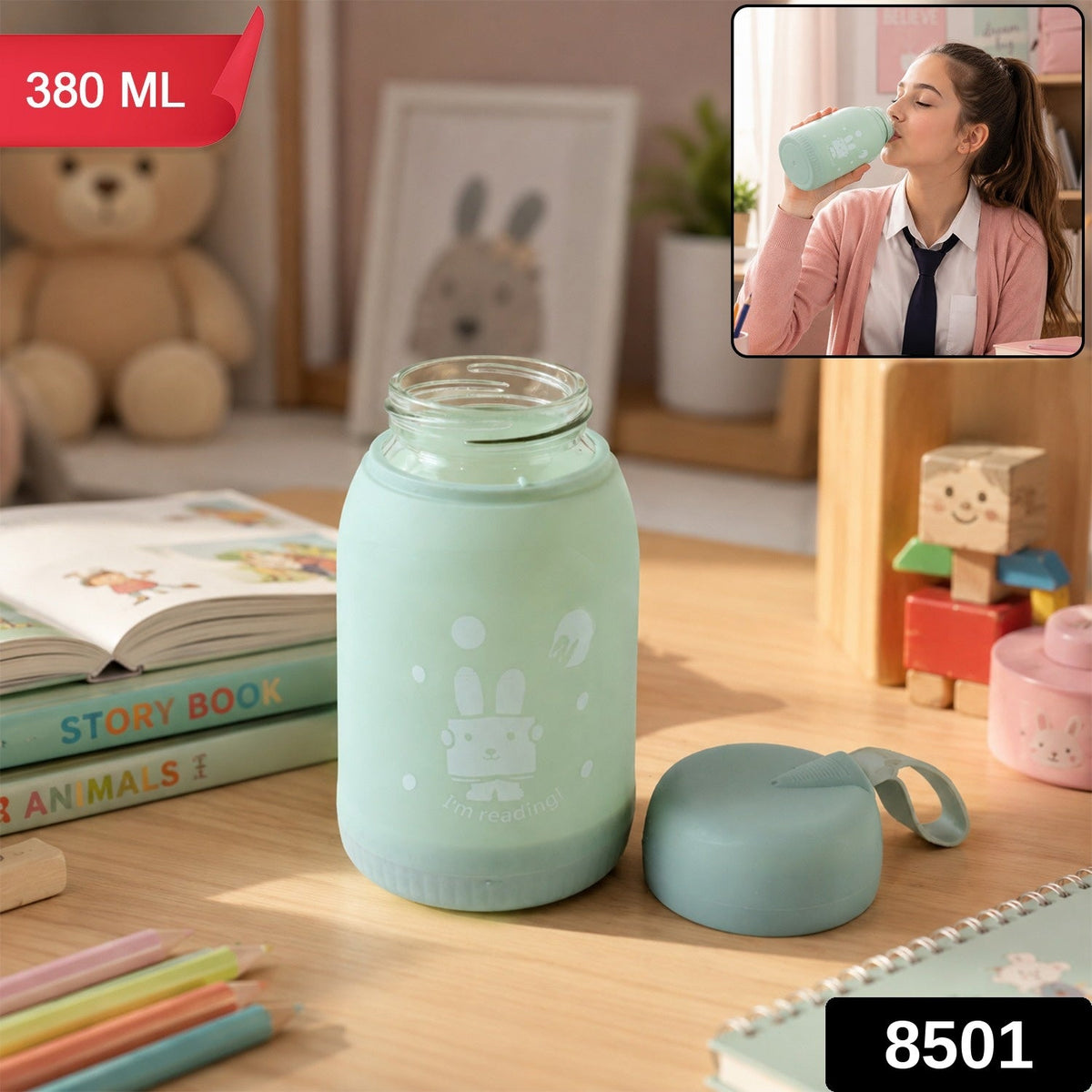 Glass Water Bottle 380ml with Lid