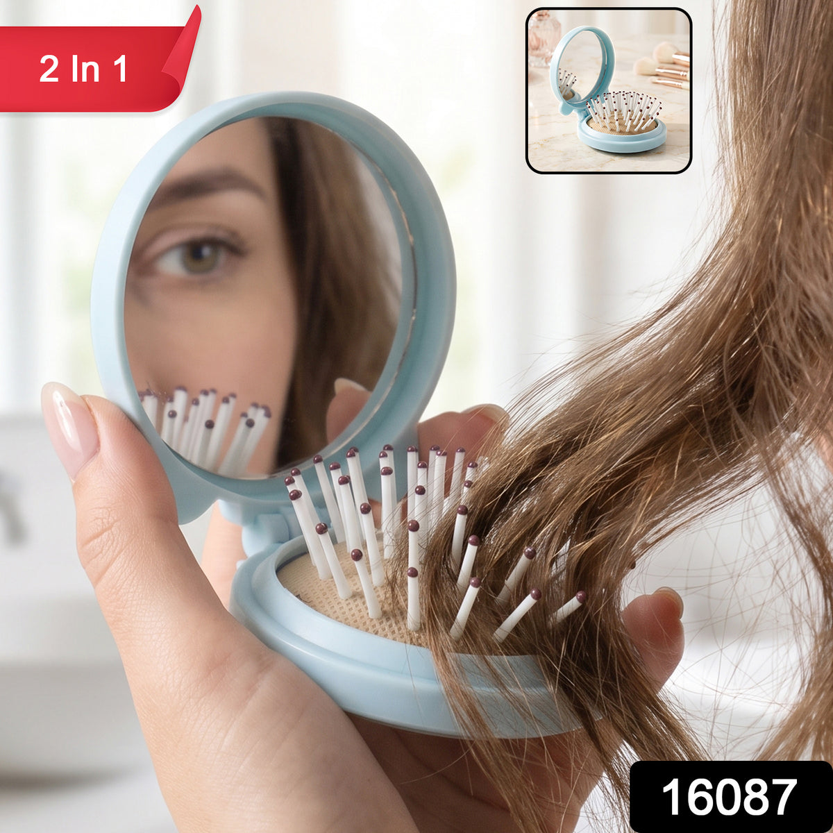 2 in 1 Folding Hair Brush with Mirror Compact Pop Up for Travel