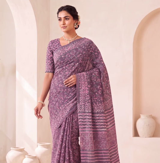 New Arrival: Premium Hand Block Printed Pure Cotton Mulmul Saree with Blouse