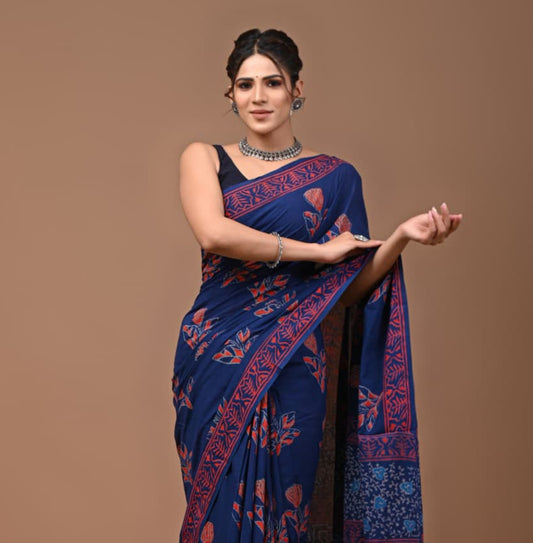 New Arrival: Premium Hand Block Printed Pure Cotton Mulmul Saree with Blouse