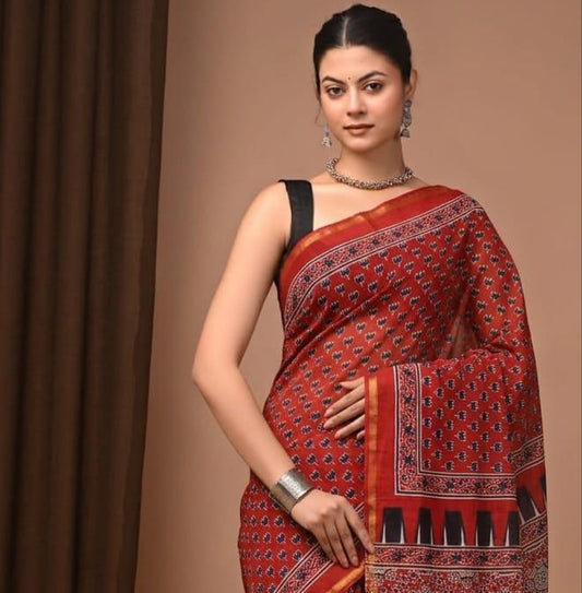 Hand Block Printed Malai Chanderi Cotton Saree with Elegant Zari Border