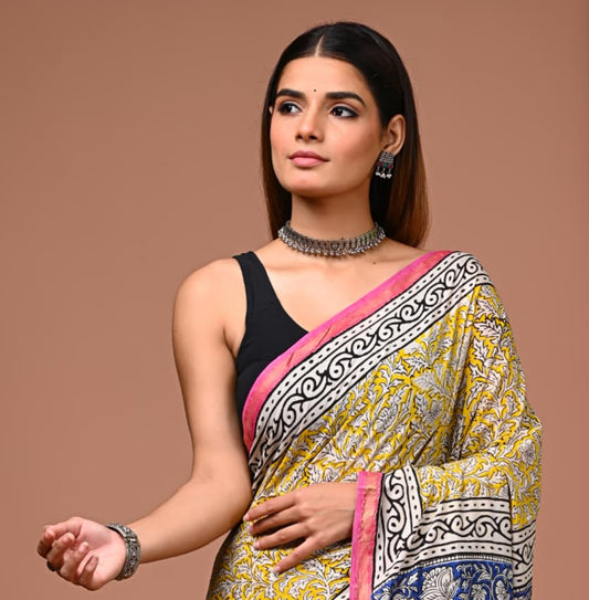 Hand Block Printed Pure Cotton Mulmul Saree with Golden Zari Border