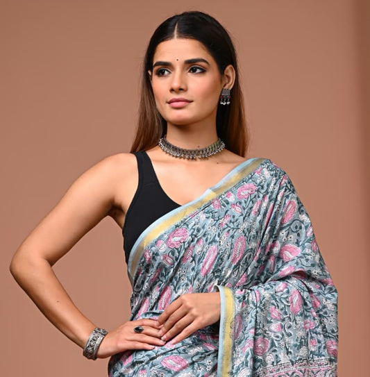 Hand Block Printed Pure Cotton Mulmul Saree with Golden Zari Border