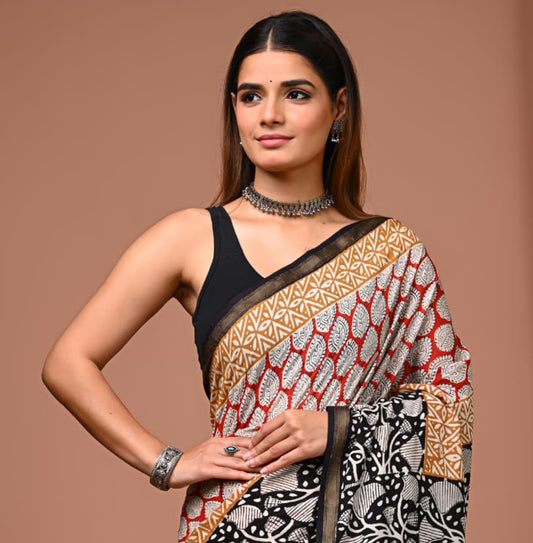 Hand Block Printed Pure Cotton Mulmul Saree with Golden Zari Border
