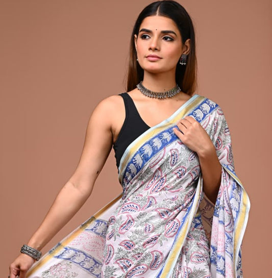 Hand Block Printed Pure Cotton Mulmul Saree with Golden Zari Border